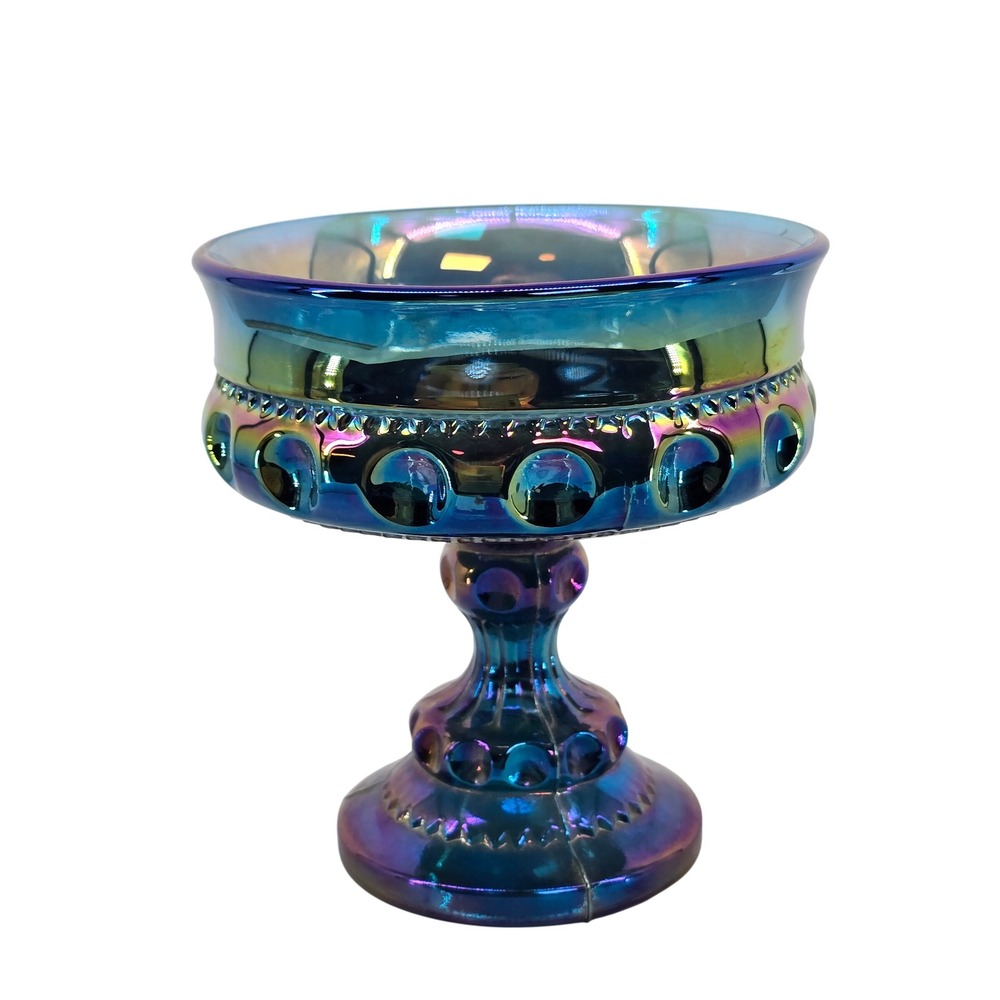 LE Smith Blue Carnival Glass Moon and Star Pedestal Candy Dish Compote 6in